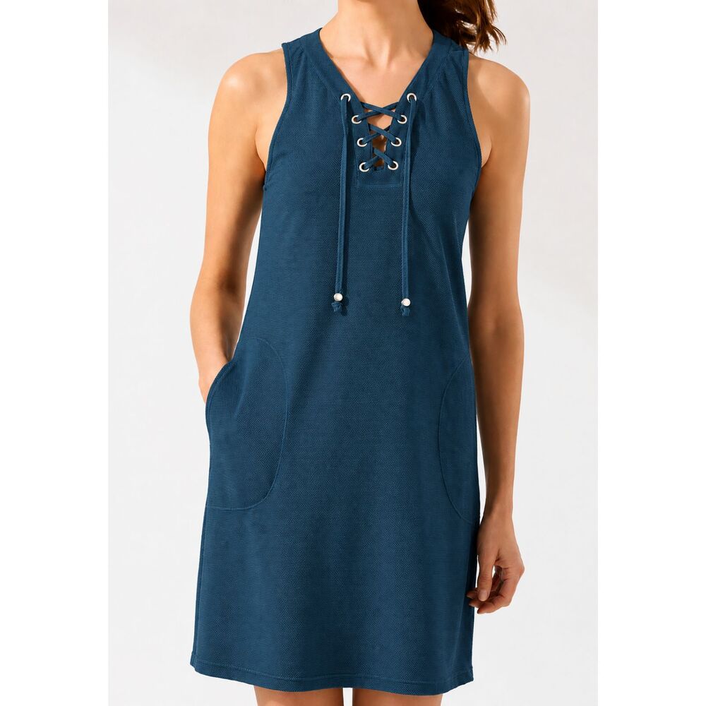 Tommy Bahama Island Cays Cover Up Dress Teal Blue Lace Up Pockets Small